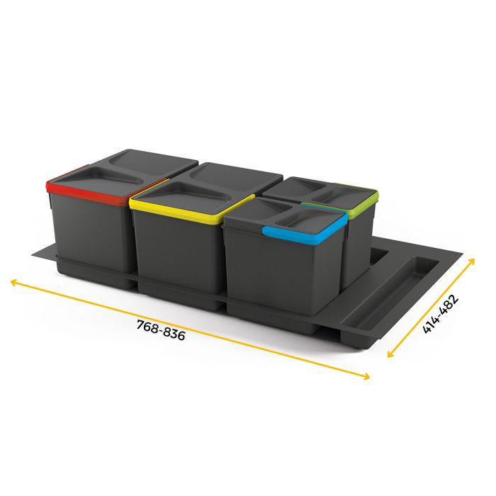 Emuca Kit poubelle de tri sélectif pour tiroir de cuisine avec socle Recycle hauteur 216mm, 2x12litres, 2x6litres, module 900mm, Plastique gris antracite 5