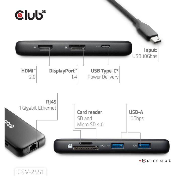 Club3D USB-C 8in1-HUB >DP1.4/HDMI2.0/USB-C/LAN 8K30Hz PD100W 2