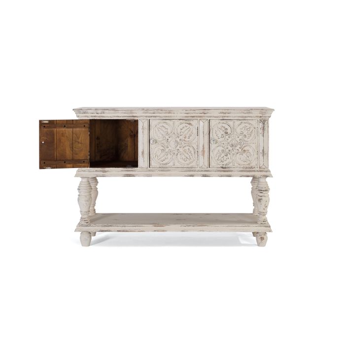 GINER Y COLOMER Console en Bois de Mango Blanc Décaper 3 Portes Sculptées Main avec Étagère Inférieure et Pieds Tournés - 148x44x103 cm 1 GINER Y COLOMER Console en Bois de Mango Blanc Décaper 3 Portes Sculptées Main avec Étagère Inférieure et Pieds Tournés - 148x44x103 cm 1