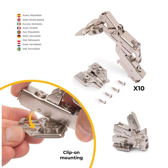 Emuca Lot de 10 charnières coudées X91 Ouverture à 165 degrés avec fermeture amortie et embases Euro, Hauteur 0, Acier, Nickelé 2