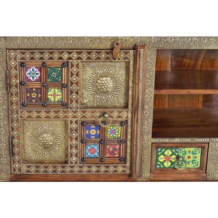 GINER Y COLOMER Meuble TV en acacia massif couleur cerise avec détails en azulejos et bronze, 2 portes, 3 tiroirs - 60 x 180 x 40 cm 2
