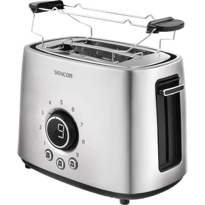 Sencor STS 5050SS Grille-pain 2 tranches Argenté avec fonction Dégivrage, Centrage et Éjection Automatique - 9 Niveaux de Cuisson - 1000 W