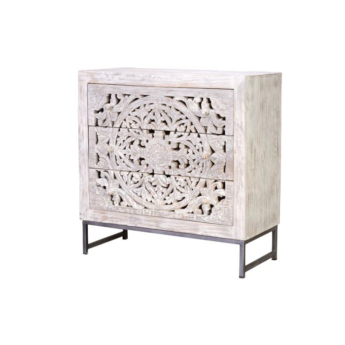GINER Y COLOMER Buffet 3 tiroirs en bois de manguier et métal, finition blanc vieilli et piètement gris, 80x80x35 cm 0 GINER Y COLOMER Buffet 3 tiroirs en bois de manguier et métal, finition blanc vieilli et piètement gris, 80x80x35 cm 0