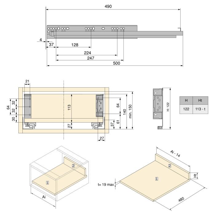 Emuca Tiroir extérieur Simplex 25kg hauteur 122mm, profondeur 490mm, acier, peint en blanc 4
