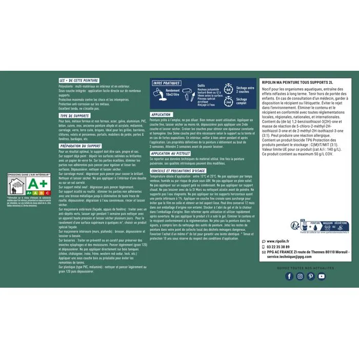 Ripolin - Peinture multi-supports mat vert cèdre RAL 6000 - Application sur bois, métal, béton, PVC - Résiste aux UV et intempéries - 2 litres Ripolin - Peinture multi-supports mat vert cèdre RAL 6000 - Application sur bois, métal, béton, PVC - Résiste aux UV et intempéries - 2 litres