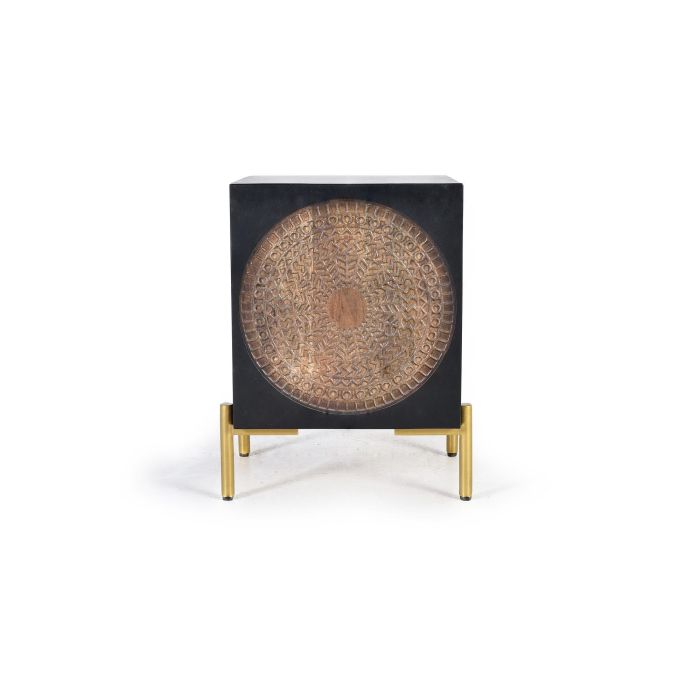 GINER Y COLOMER Table de chevet en bois de manguier avec tiroir et pieds métal - 60x43x40 cm - Coloris Noyer foncé 1