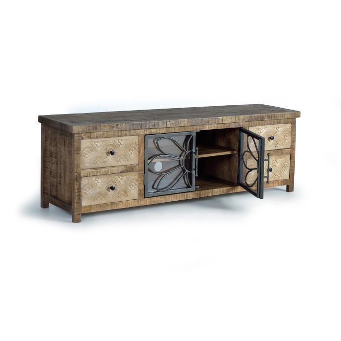 GINER Y COLOMER - Meuble TV en bois de manguier et métal marron vieilli, 4 tiroirs et 2 portes, 170x55x40 cm 2 GINER Y COLOMER - Meuble TV en bois de manguier et métal marron vieilli, 4 tiroirs et 2 portes, 170x55x40 cm 2