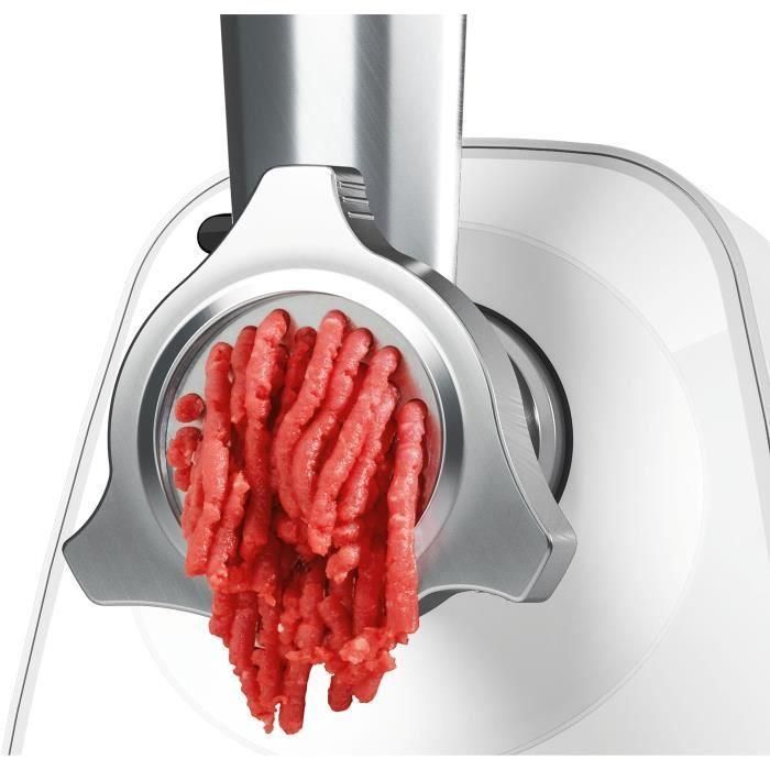 Bosch MFW2510W Hachoir à viande Blanc 350 W avec 2 grilles et garnisseur à saucisses, moteur 1500 W et débit 1.7 kg/min