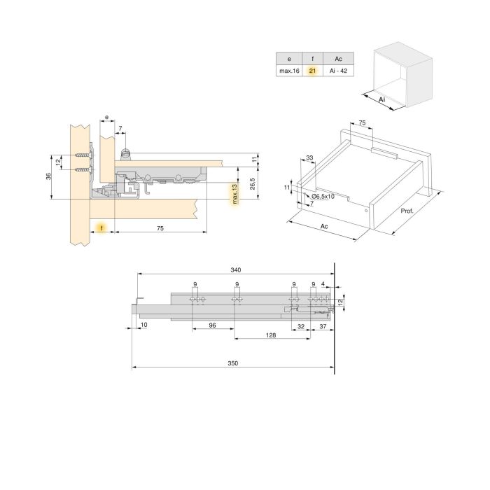 Emuca Jeu de coulisses invisibles pour tiroir Silver, à sortie totale, avec fermeture amortie et loqueteau, profondeur 340mm, Acier, Zingué 7