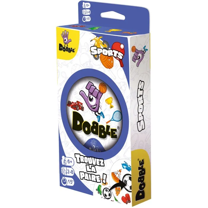 Asmodee Zygomatic Jeu Dobble Sports - Jeu d'observation et de réflexes en français - À partir de 6 ans - 2 à 8 joueurs - Boîte métal - Cartes symboles sportifs (tennis, basket)