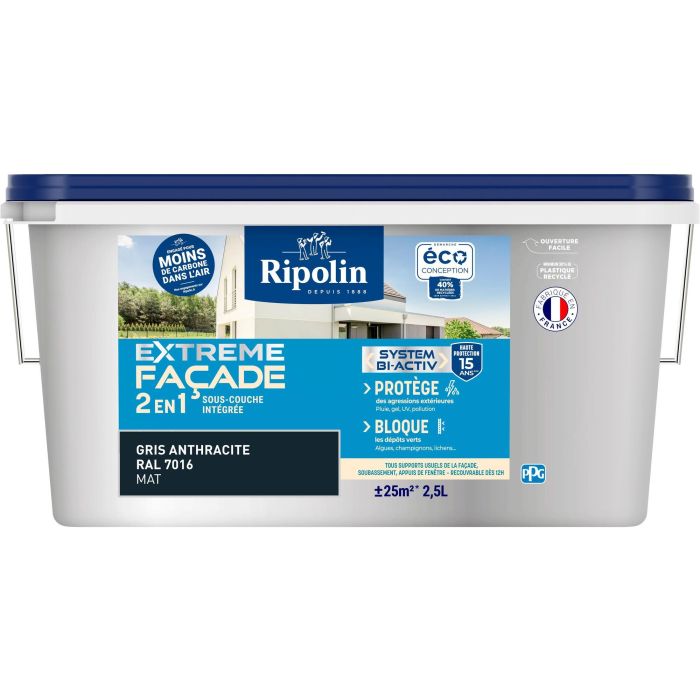 Ripolin Peinture Façade Extreme 2 en 1 Mat Gris Anthracite 2.5L - Sous-couche Intégrée, Recyclée, Résistante aux Intempéries, Fabrication Française Ripolin Peinture Façade Extreme 2 en 1 Mat Gris Anthracite 2.5L - Sous-couche Intégrée, Recyclée, Résistante aux Intempéries, Fabrication Française