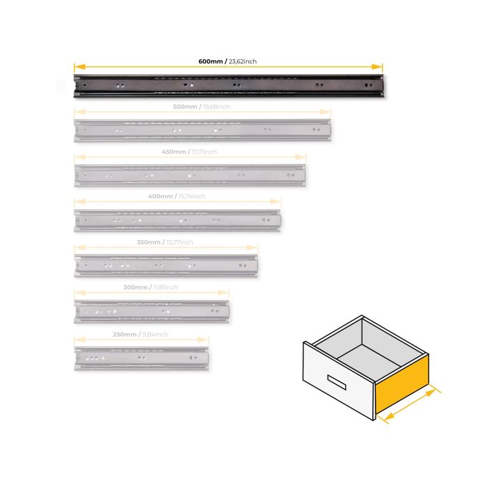 Emuca Lot de 5 jeux de Coulisses pour tiroirs, roulement à billes, hauteur 45mm, profondeur 600mm, sortie totale, Noir 7