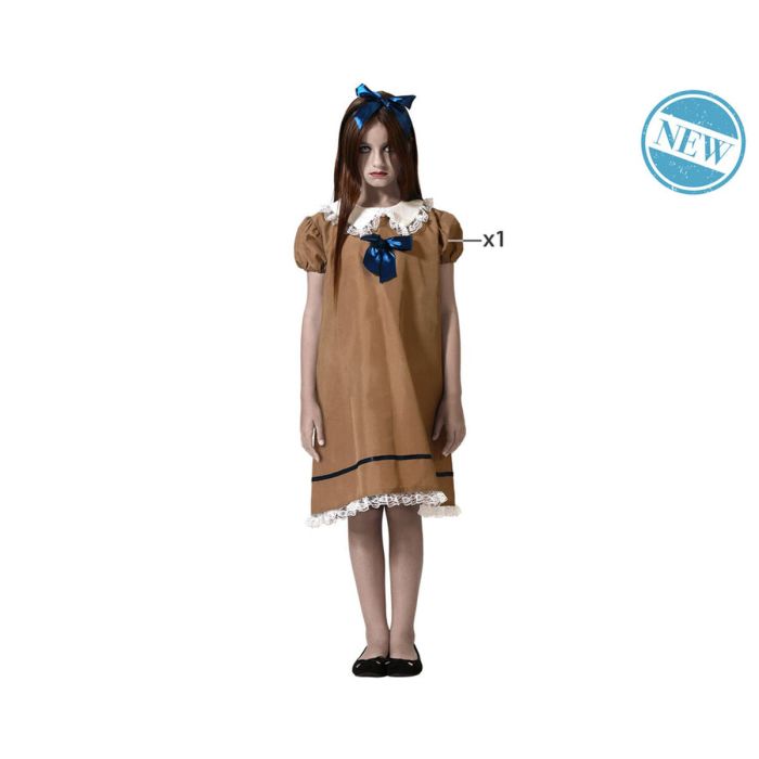 Déguisement Fille Muñeca Effrayante Robe Vintage Marron avec Noeud Bleu 3-4 Ans - Costume Halloween