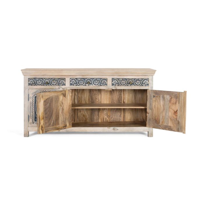 GINER Y COLOMER - Buffet en bois de manguier massif blanc lavé et bleu avec 3 tiroirs et 3 portes - Meuble de rangement artisanal 1 GINER Y COLOMER - Buffet en bois de manguier massif blanc lavé et bleu avec 3 tiroirs et 3 portes - Meuble de rangement artisanal 1