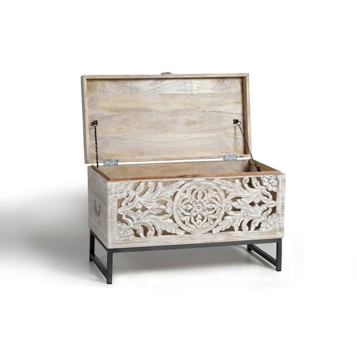 GINER Y COLOMER Buffet en bois de manguier et métal, sculpté à la main, finition blanc vieilli 1