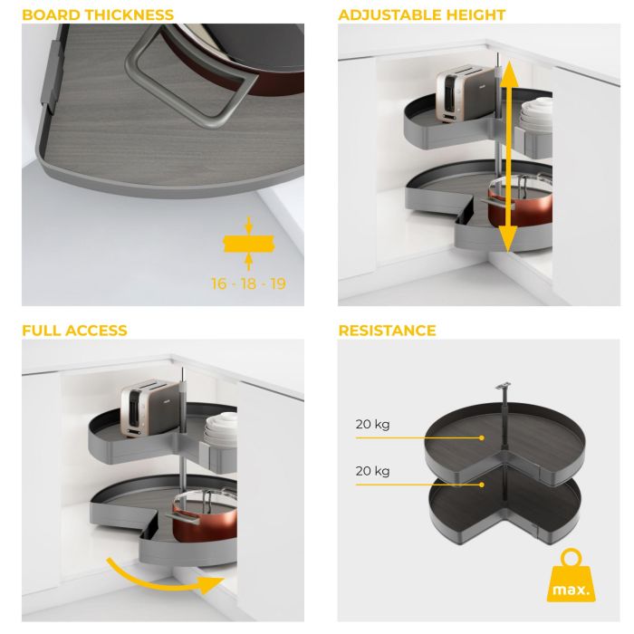 Emuca Jeux de plateaux tournants Harmony 3/4, Module largeur 800mm, Hauteur réglable, Acier et Bois, Gris anthracite 4 Emuca Jeux de plateaux tournants Harmony 3/4, Module largeur 800mm, Hauteur réglable, Acier et Bois, Gris anthracite 4