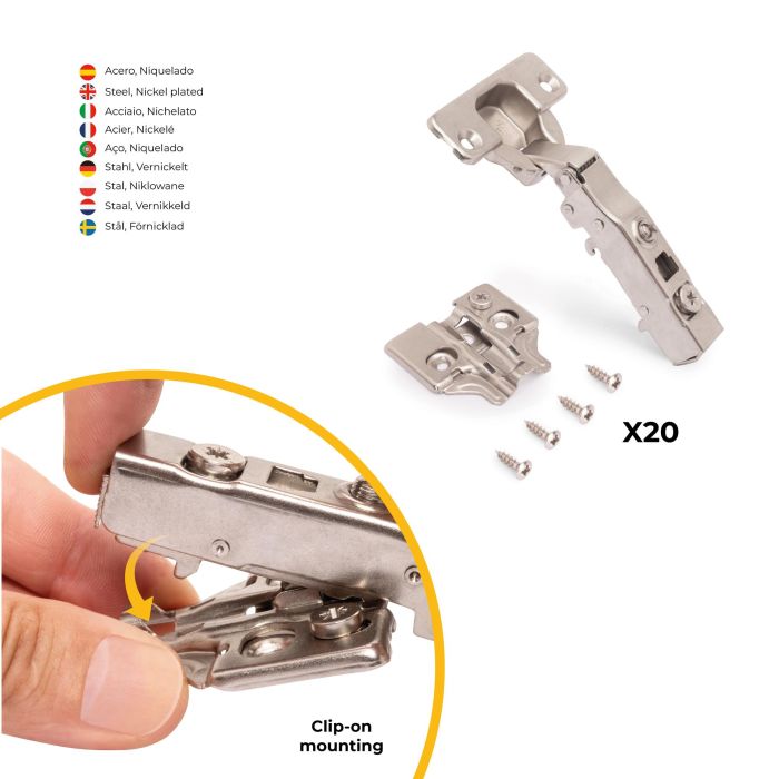 Emuca Lot de 20 charnières droites X91 à fermeture amortie avec embases à visser, Hauteur 0, Acier, Nickelé 2 Emuca Lot de 20 charnières droites X91 à fermeture amortie avec embases à visser, Hauteur 0, Acier, Nickelé 2