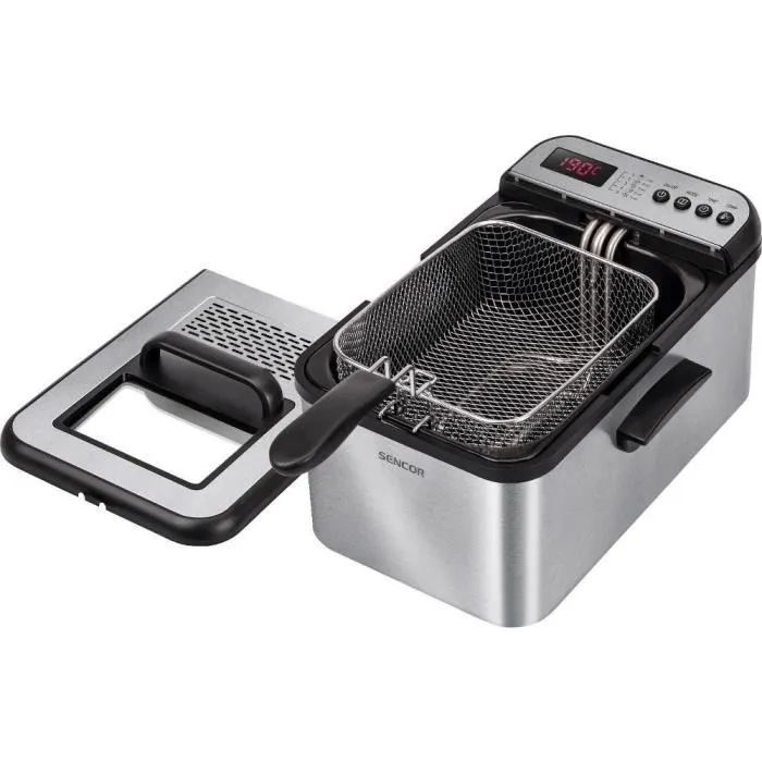 Sencor SFR 8200SS Friteuse électrique avec minuterie, 3.2 litres, 2200 W, température réglable 130-190°C, cuve antiadhésive et panier chromé, Noir/Acier inoxydable