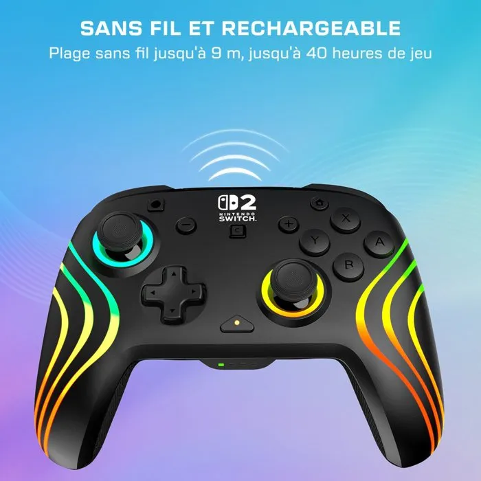 Turtle Beach Afterglow Wave - Manette de jeu RGB sans fil pour Nintendo Switch 2, Switch, Switch Lite et Switch OLED - Sticks TMR, motion control, bouton GameChat - Noir
