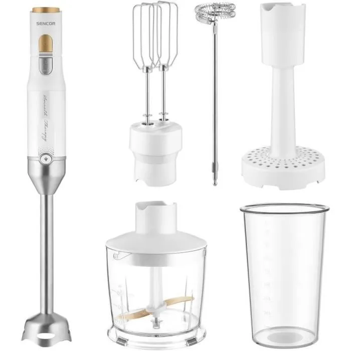 Sencor SHB 6441WH Mixeur Plongeant 1200 W 4 en 1, Pied Inox 20 cm, Technologie Titanium QuadBlade, avec Gobelet 800 ml, Hachoir, Batteur et Mousseur à Lait, Moteur Garantie 10 ans Sencor SHB 6441WH Mixeur Plongeant 1200 W 4 en 1, Pied Inox 20 cm, Technologie Titanium QuadBlade, avec Gobelet 800 ml, Hachoir, Batteur et Mousseur à Lait, Moteur Garantie 10 ans