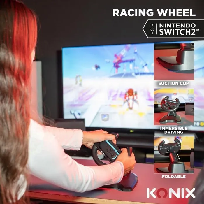 Konix Volant de Course avec Ventouse pour Joy-Con Nintendo Switch 1 et 2 - Compatible Mario Kart World - Confortable, Compact et Pliable - Noir Konix Volant de Course avec Ventouse pour Joy-Con Nintendo Switch 1 et 2 - Compatible Mario Kart World - Confortable, Compact et Pliable - Noir