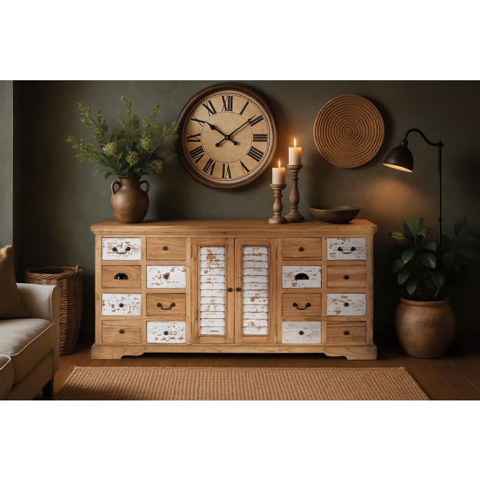 GINER Y COLOMER - Buffet Rustique en Bois Massif de Mindi avec 12 Tiroirs et 2 Portes, Meuble de Stockage Blanc Vieilli pour Salle à Manger 6