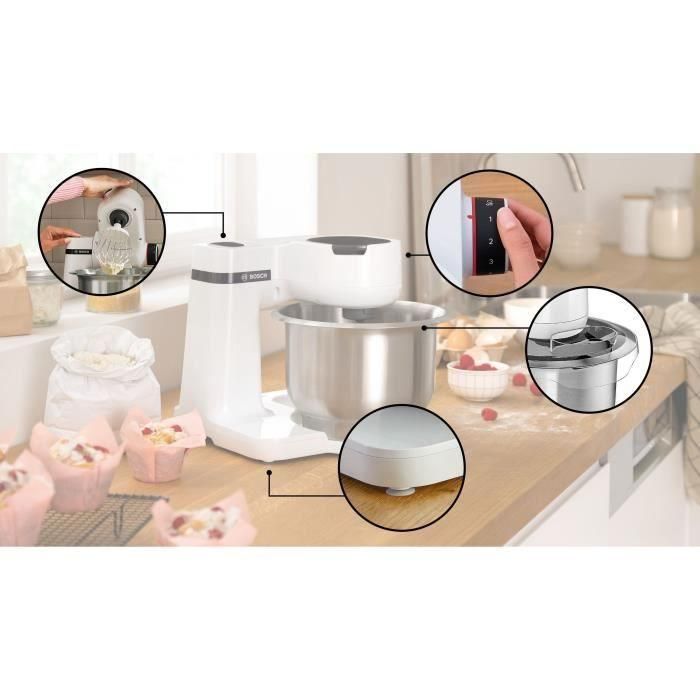 Bosch MUMS2EW00E Robot pâtissier Multiusage - Série 2 - 700 W - Bol inox 3,8 L - 4 vitesses - Avec fouets et crochet pétrisseur - Blanc