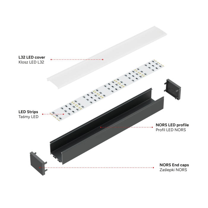 KIMERA Profil Aluminium NORS Noir Anodisé avec Diffuseur Opal, Tapons et Clips de Fixation 2,02M 1