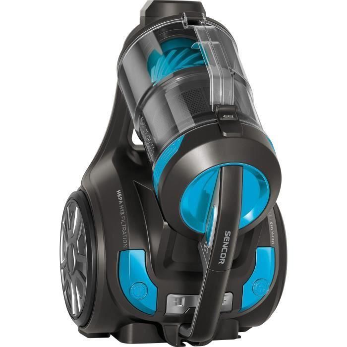 Sencor Aspirateur traîneau sans sac SVC 1086TQ - 700 W - Technologie Multi Cyclone - Filtre HEPA H13 - 3.5 L - Classe A - 78 dB - Noir / Bleu