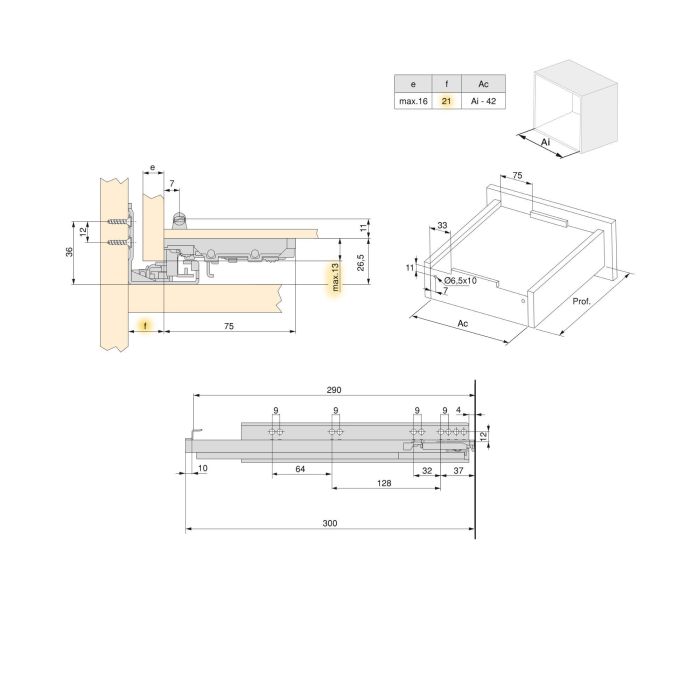 Emuca Jeu de coulisses invisibles pour tiroir Silver, à sortie totale, avec fermeture amortie et loqueteau, profondeur 290mm, Acier, zingué 7
