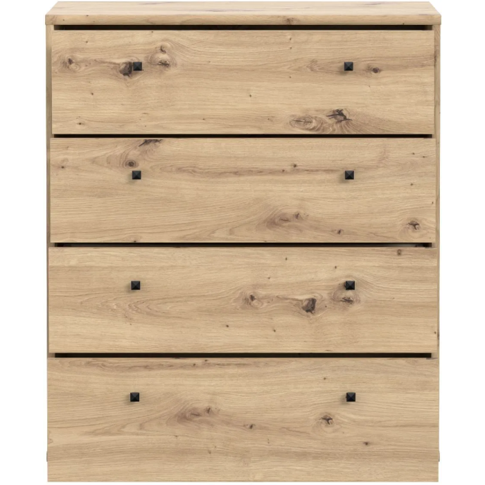 Commode TEMPRA 4 tiroirs en chêne artisan, rangement chambre ou salon, dimensions 73.7 x 34.8 x 85.5 cm
