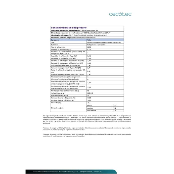 Climatiseur Portable Cecotec ForceClima 12800 Soundless Heating Connected A 1340 W Blanc 4