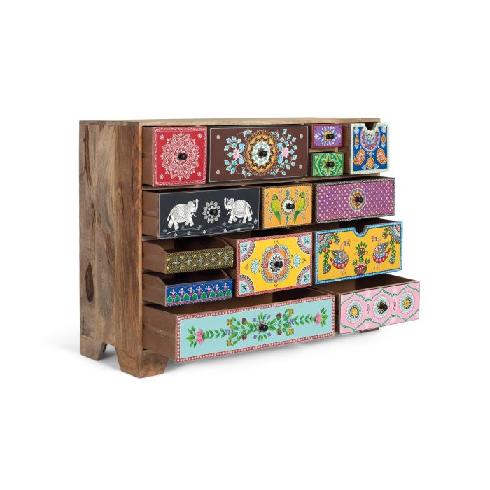 GINER Y COLOMER Commode peinte à main avec motifs de fleurs, éléphants et figures géométriques en bois de manguier - 120 x 40 x 90 cm, Multicolore 2