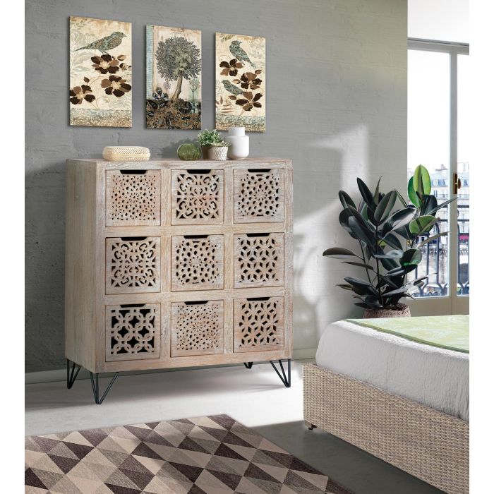 GINER Y COLOMER Commode 9 tiroirs en bois de manguier blanc vieilli avec pieds en fer, 21x20x30 cm (intérieur tiroirs) - Décoration 7