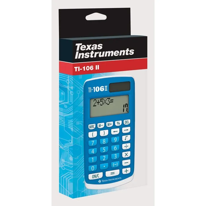 Texas Instruments TI-106 II Calculatrice solaire pour école primaire avec écran 2 lignes et protection - Bleu Texas Instruments TI-106 II Calculatrice solaire pour école primaire avec écran 2 lignes et protection - Bleu