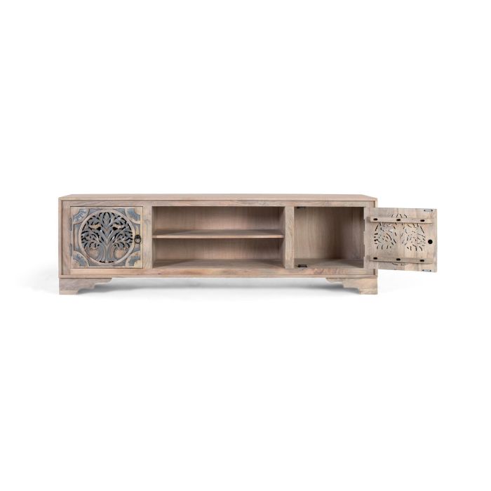 Mueble TV - Meuble téléviseur en bois de manguier avec 2 portes et 2 espaces, finition naturelle et bleue, ornement Arbre de Vie, dimensions détaillées 1