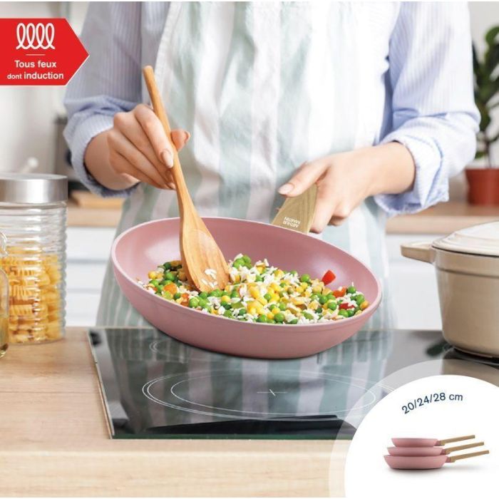 Set de 3 poeles - Tous feux dont induction - ARTHUR MARTIN - AM5388 - Revetement céramique - Ø 20-24-28 cm - Rose 1