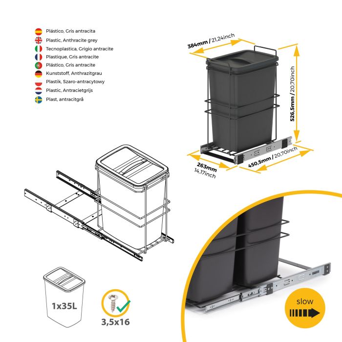Emuca Poubelle de recyclage Recycle pour cuisine, 35 L, fixation par le bas et extraction manuelle, Plastique gris antracite 7 Emuca Poubelle de recyclage Recycle pour cuisine, 35 L, fixation par le bas et extraction manuelle, Plastique gris antracite 7
