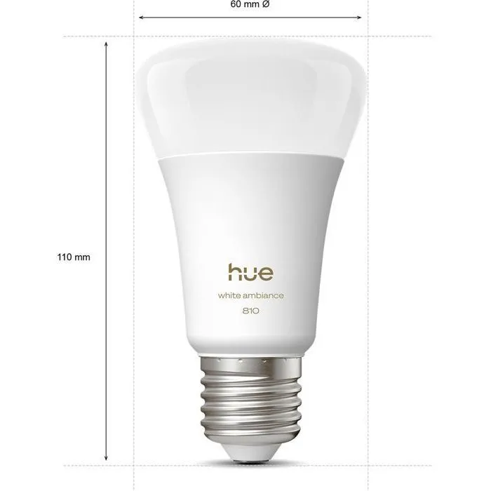 Philips Hue - Pack de 4 ampoules LED connectées A60 - Blanc chaud 2700K - E27 6W - 810 lumens - Contrôle par application Philips Hue - Pack de 4 ampoules LED connectées A60 - Blanc chaud 2700K - E27 6W - 810 lumens - Contrôle par application