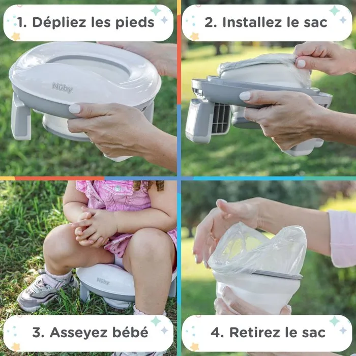 Nuby - Pot de Voyage Portable pour Tout-Petits avec Sac de Rangement, Apprentissage de la Propreté, Siège Réducteur, Protection Anti-Éclaboussures, Léger et Compact - Gris/Blanc