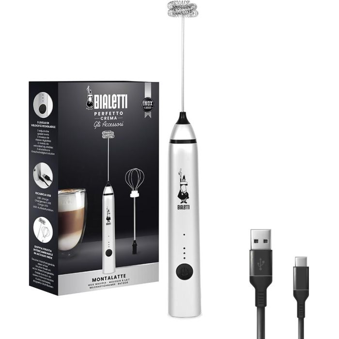 Bialetti 0006770 Mousseur à lait électrique portatif - Sans fil, batterie intégrée, facile à nettoyer, acier inoxydable, boutons