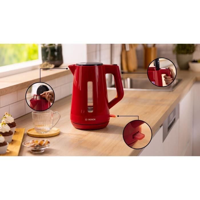 Bosch TWK1M124 Bouilloire électrique MyMoment, 1.7L 2400W, base 360°, filtre anti-calcaire amovible, arrêt automatique, rouge