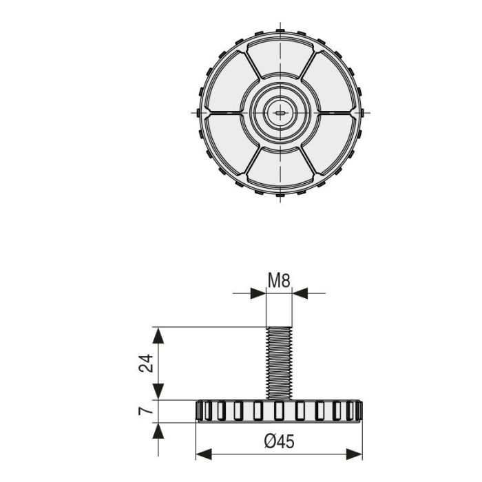 Pie Nivelador Tano Ø45 M8X24 Gris Plata C/Huella Allen 4Mm. Herrajes Alk 1