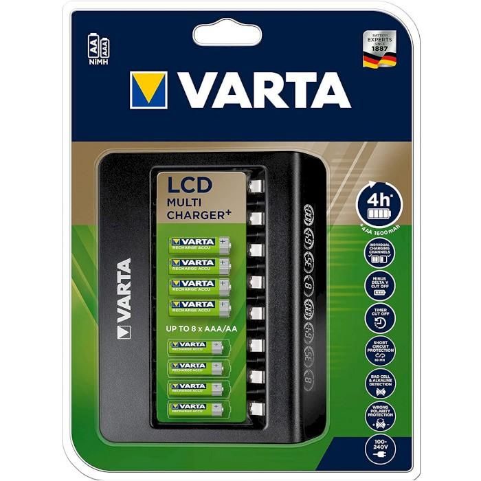 VARTA LCD Multi Charger+ - Chargeur de piles avec écran LCD pour piles AA et AAA NiMH - Recharge rapide 4h - Protection court-circuit - Noir