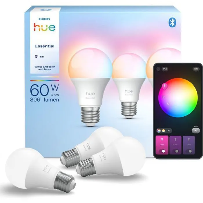 Philips Hue - Pack de 3 ampoules LED connectées A60 - Culot E27 8 W - Blanc chaud à froid 2200-6500K et couleurs - 806 lumens Philips Hue - Pack de 3 ampoules LED connectées A60 - Culot E27 8 W - Blanc chaud à froid 2200-6500K et couleurs - 806 lumens