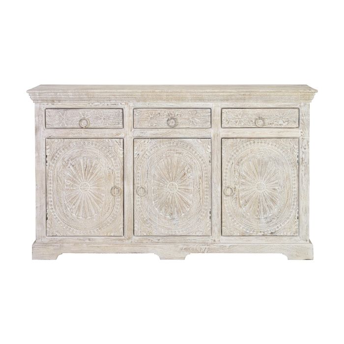 GINER Y COLOMER - Buffet 3 portes et 3 tiroirs en bois de manguier massif, finition blanc vieilli antique, dimensions 90 x 150 x 40 cm 1 GINER Y COLOMER - Buffet 3 portes et 3 tiroirs en bois de manguier massif, finition blanc vieilli antique, dimensions 90 x 150 x 40 cm 1