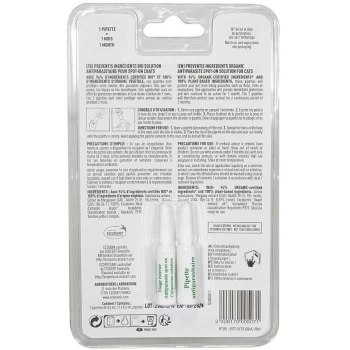 Pipettes Antiparasitaire - VETOCANIS - Ingrédients Bio pour Chats 2 Pipettes Antiparasitaire - VETOCANIS - Ingrédients Bio pour Chats 2