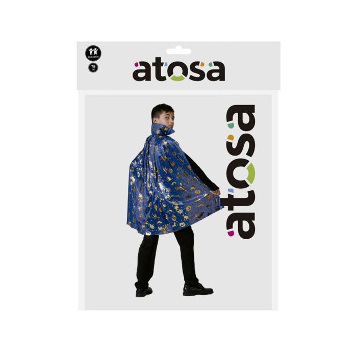 Cape courte bleue avec détails dorés et col haut pour Halloween - 75 cm de longueur, costume de sorcier et carnaval