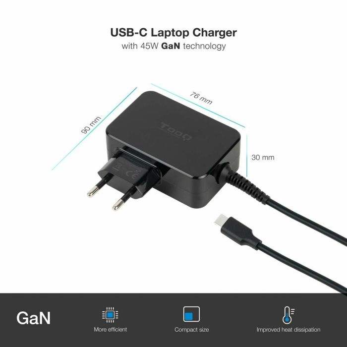 Chargeur d'ordinateur portable TooQ GAN USB-C PD 45W 45 W 8 Chargeur d'ordinateur portable TooQ GAN USB-C PD 45W 45 W 8