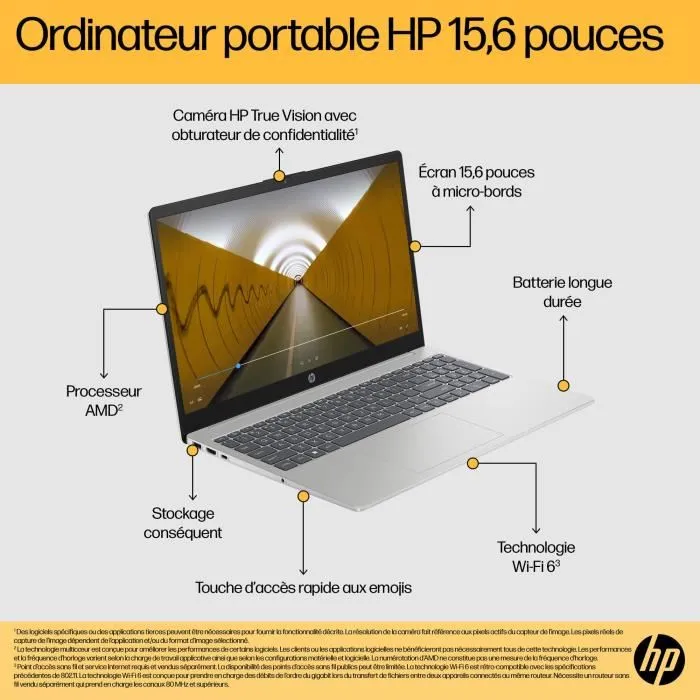 HP PC Portable 15-fc0000nf - Écran 15.6" FHD - Windows 11 - Processeur AMD Athlon Silver 7120U - 8 Go RAM - 512 Go SSD - Clavier AZERTY